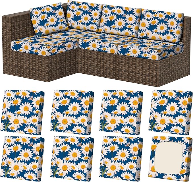 8Pcs Stretch Patio Cushion Covers, Outdoor Couch & Sofa Replacement Slipcovers for Patio Furniture Cushion Covers, Washable Reusable Furniture Protector