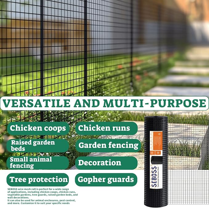SEBOSS Hardware Cloth 1/2 inch 24 x 100 ft 19-Gauge, Black Vinyl Coated Wire Mesh Roll Chicken Wire Mesh Chicken Wire Fencing Wire Fence Roll Garden Fencing Welded Wire Rodent Wire