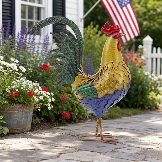 32" Oversized Metal Rooster Statue, Large Yard & Kitchen Decor | Durable Metal with Hand-Painted Finish, Farmhouse Rooster Chicken Decor for Yard, Garden, Patio
