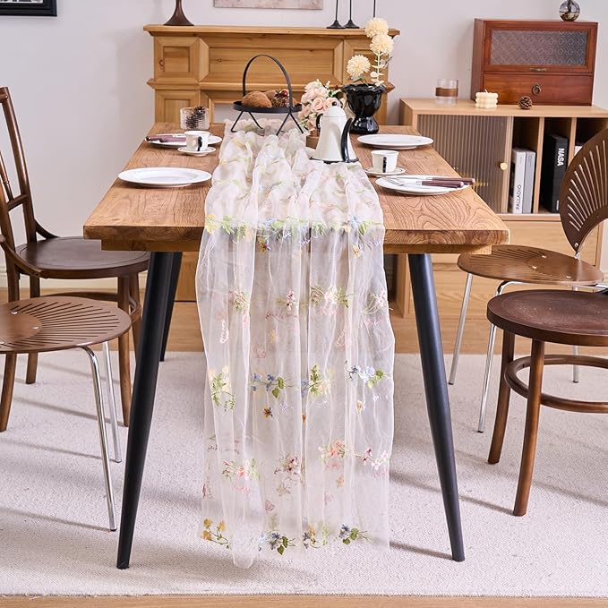 vctops 2 Packs Embroidery Lace Spring Table Runner 10ft Floral Garden Seasonal Tulle Table Runner Holiday Kitchen Dining Table Decoration for Wedding Party Baby Shower Birthday (Beige,30"x120")