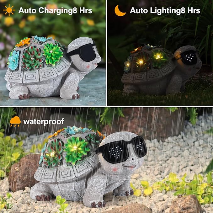 Unique Solar Garden Turtle Statue with I Love You LED Sunglasses and Succulent LED Lights, Lawn Decor Tortoise Figurine for Patio, Balcony Yard Ornament for Mom, Women & Grandma
