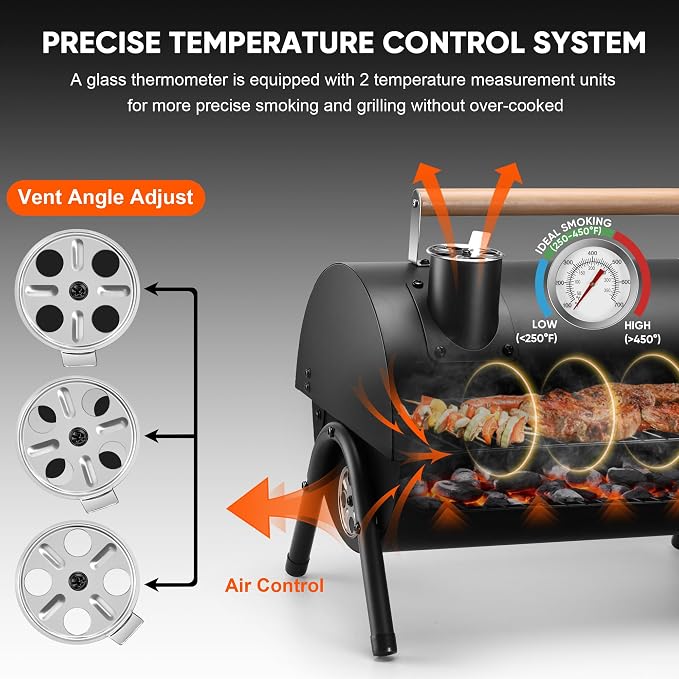Portable Charcoal Grill with 6 BBQ Tools, HaSteeL Compact Tabletop Barbecue Grill with Thermometer, Small Smoker for Outdoor Camping Backyard Beach BBQ, Thick Steel, Easy to Assemble