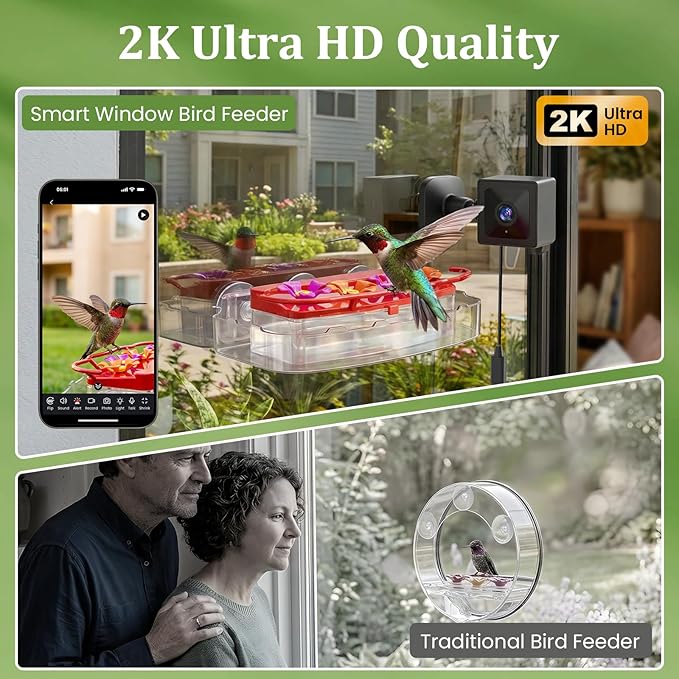 2K Smart Window Hummingbird Feeder Camera with AI Identify, Auto-Capture Fast Moments, IP65 Waterproof & Ant Moat, Strong Suction for Apartment/Cat TV, Best Gift for Bird Lovers