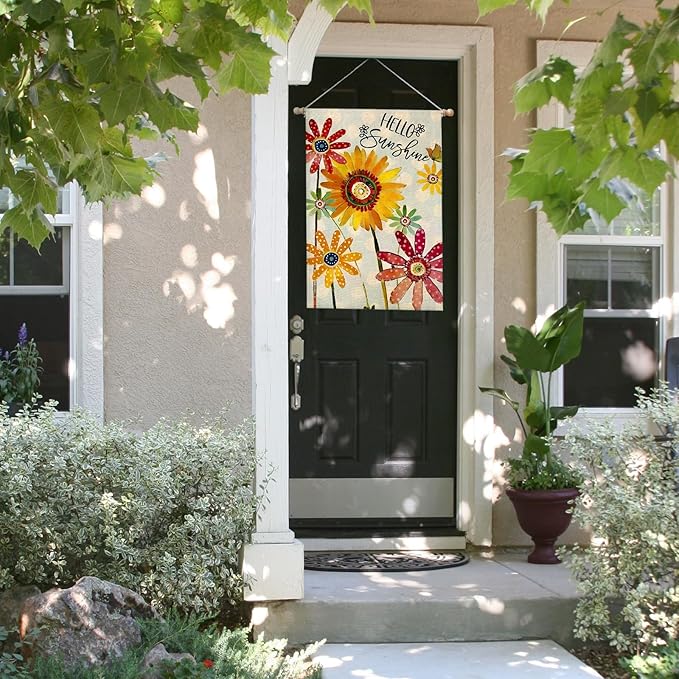 Summer Flowers House Flags for Outdoor, Hello Sunshine Sunflower Daisy Yard Flags for Outside,Seasonal Decorative Flag for Spring Farmhouse Holiday Decoration 28x40 Inch Double Sided