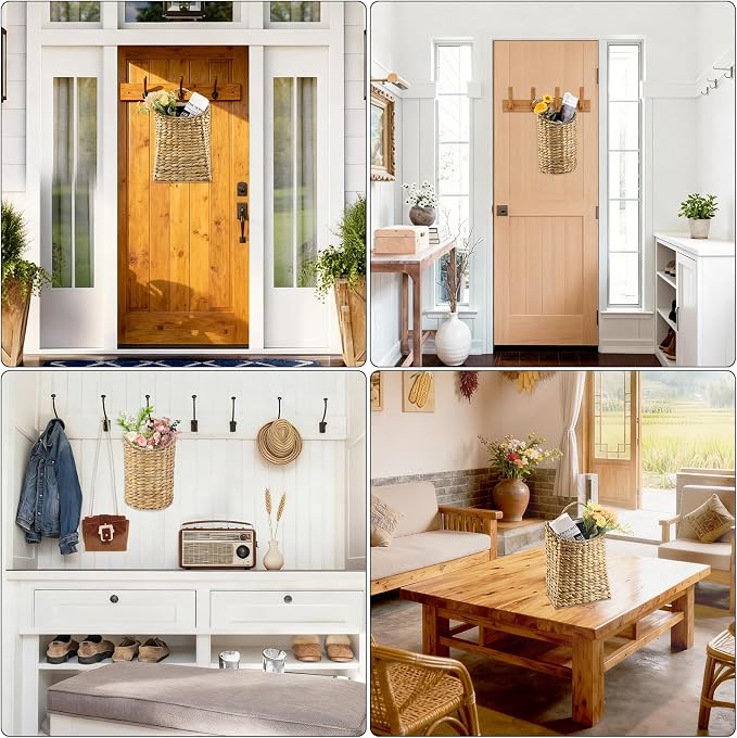2 Pack Woven Hanging Basket Set, Wicker Wall Baskets Handmade Seagrass Planters for Front Door, Garden, Farmhouse Home Decor