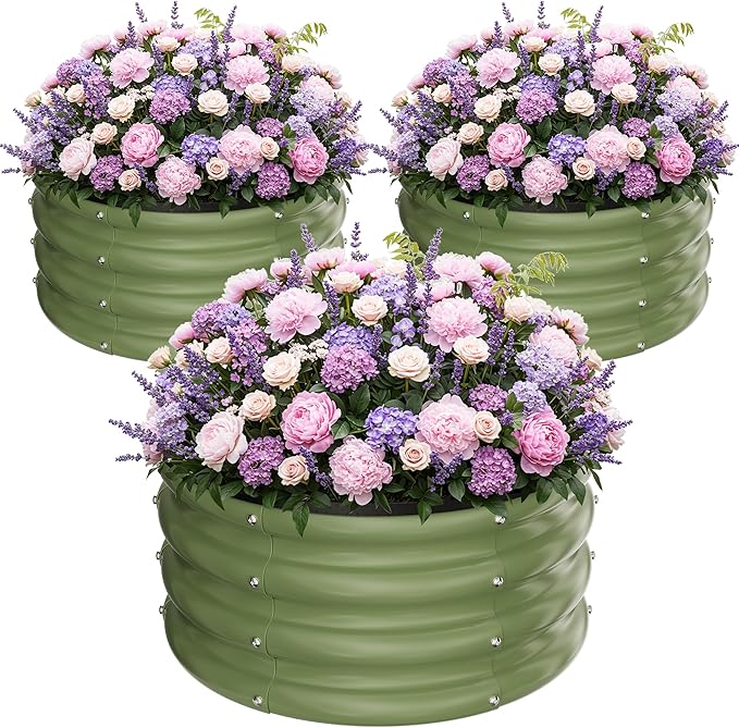 ZXZYHFTY Raised Garden Bed, 0.6 mm Galvanized Steel Round Planter Box with Open Bottom, Green, 2 x 2 x 1 FT, 3 Pack