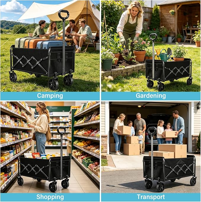 Collapsible Wagon Cart with All-Terrain Wheels - Folding Utility 360LBS Heavy Duty Wagons Carts for Grocery Sports Garden Shopping Camping Fishing (Black, 120L)