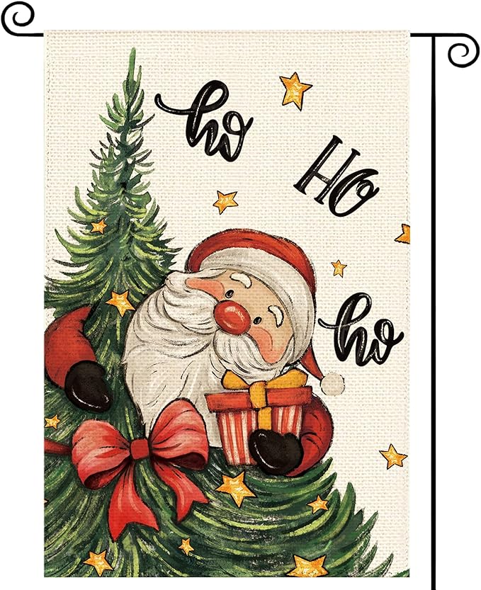 Christmas Tree Santa Claus Welcome Garden Flag 12x18 Inch Double Sided, Xmas Holiday Winter Burlap Small Yard Flag Farmhouse Flags Seasonal Patio Outdoor Outside Decoration