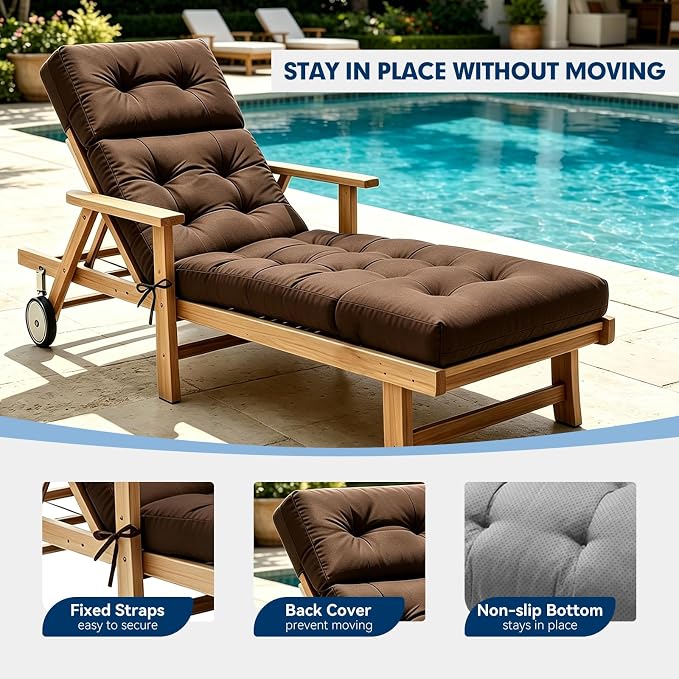 Non-Slip Outdoor Chaise Lounge Chair Cushion, Waterproof 74.4 x 22 x 4.7 Inches Lounge Chair Cushions for Outdoor Patio Furniture with Ties, Pool Chaise Lounge Cushions Replacement, Brown