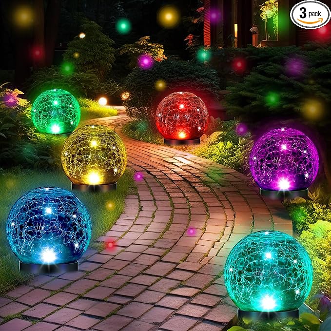 Glooglitter 3 Pcs Extra Large Solar Globes Lights Outdoor Cracked Glass Ball Solar Light Multi Color Pre Lit Crystal Waterproof Lawn Globes for Yard Landscape Garden Decor (4.72")