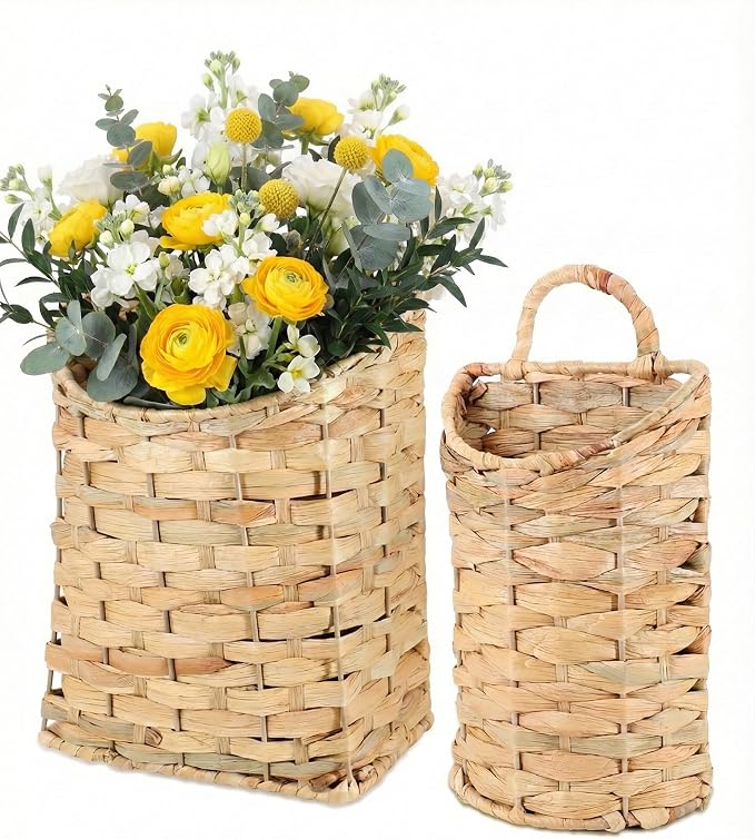 AceList Woven Hanging Basket for Front Door Set of 2, Built-in Iron Frame Handmade Water Hyacinth Wall Mounted Organizer, Natural Wicker Storage for Mail Flowers, Boho Farmhouse Decor for Home