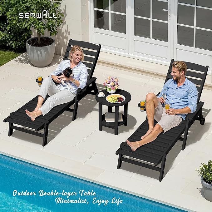 SERWALL Round Outdoor Side Table, HDPE Small Adirondack End Table,2-Tier Patio Side Table for Backyard Pool Porch Garden Lawn, Black