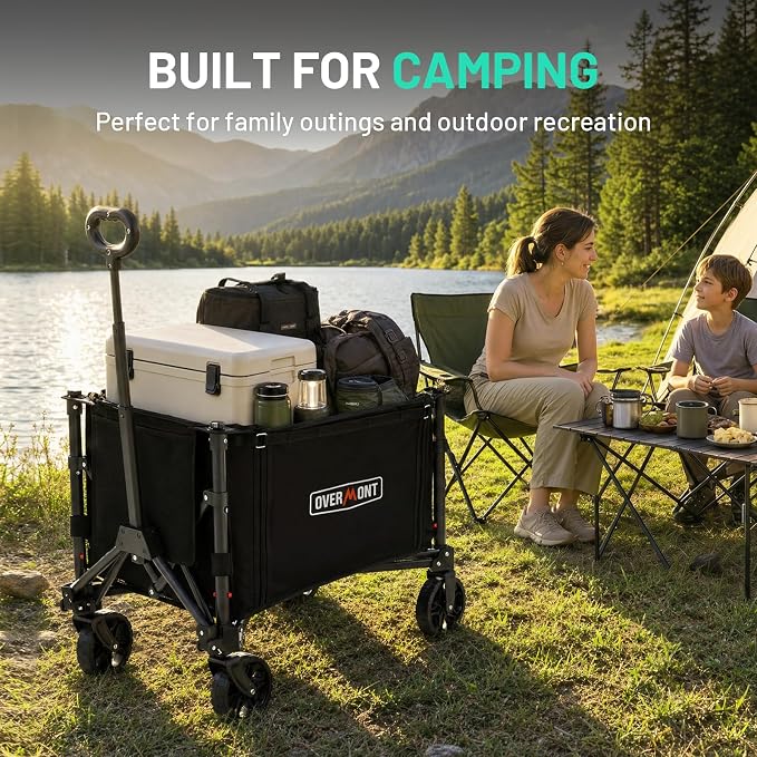 Overmont 3-in-1 Folding Utility Wagon 11lb Lightweight Cart with Side Open | 120L 220 lb Capacity Adjustable Handle & Swivel Wheels for Grocery Runs, Camping, Sports, Garden, Shopping, Picnics and Pets