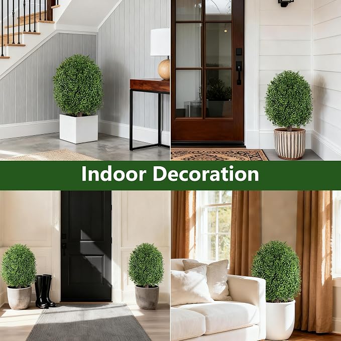 INSPRING Artificial Boxwood Topiary Trees Outdoor Fake Bushes Plants UV Resistant Evergreen Shrubs with Metal Ground Spike for Porch Patio Garden, 1 Pack