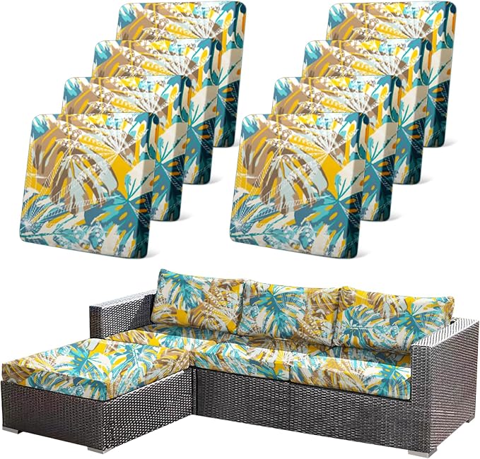 CALBODE 8pcs Outdoor Tropical Plant Printed Sofa Seat Cushion Covers Strechable, Dustproof Elastic Half-Covered Sofa Covers Washable Reusable Patio Furniture Protector（Blue and Yellow, Cover Only）