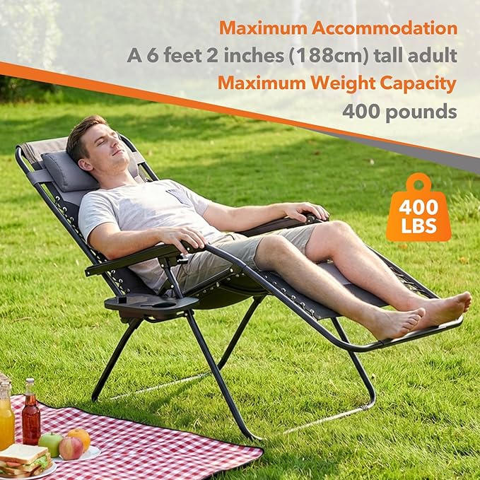 Sweetcrispy Zero Gravity Chairs, Foldable Patio Reclining Chairs with Adjustable Pillow & Cup Holder, Oversized Portable Support 400 lbs, for Backyard Camping(Black-Gray)