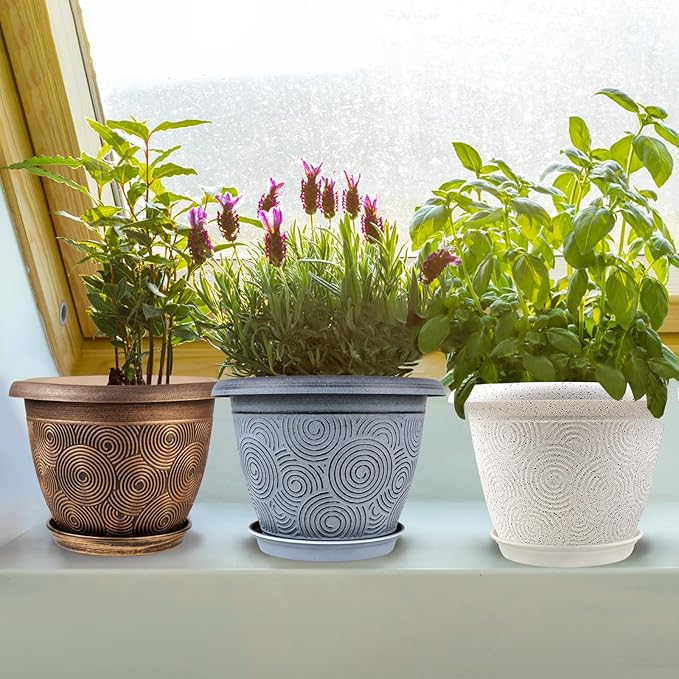 Fodetyff 6 Inch Flower Pots Planters for Indoor Outdoor Plants, 6 Pack Plastic Small Plant Pots with Drainage Hole & Tray, Modern Decorative Garden Pot with Saucer, Plant Container for House