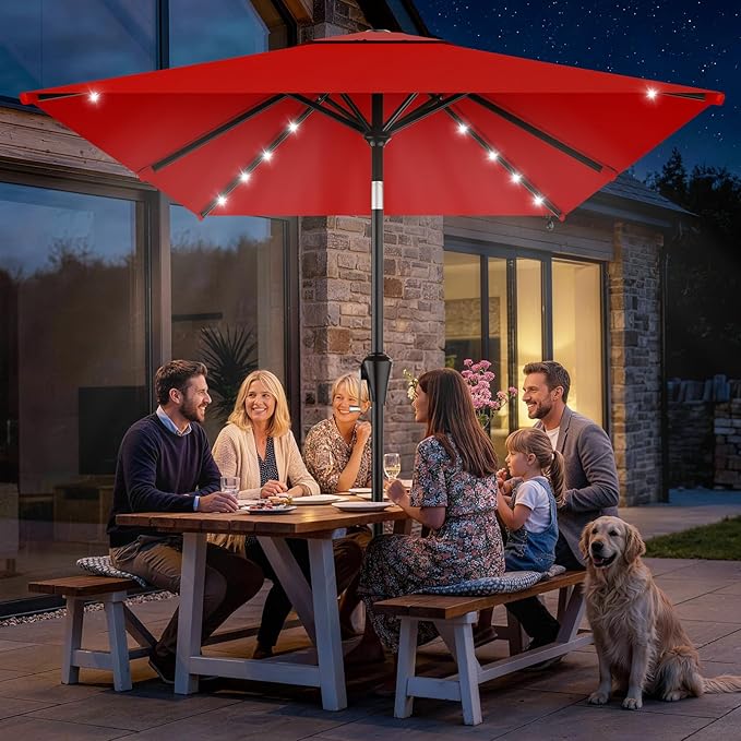 AreShark 6.5' x 10' Rectangular Patio Umbrella with Solar Lights, Solar Powered Lighted Market Umbrella w/Tilt and Crank, Outdoor Table Umbrella for Garden, Deck, Backyard, Pool and Beach, Red