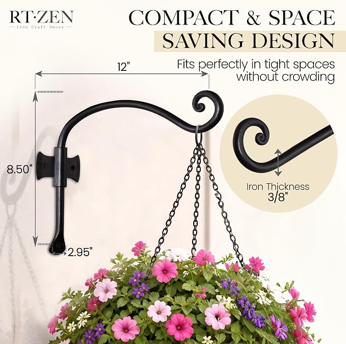 RTZEN Plant Hangers Outdoor or Indoor - Wrought Iron Metal Hanger Indoor Hook - Heavy Duty Wall Bracket Hooks for Hanging Plants Baskets Lanterns Bird Feeders - 2 Pack (Black Axe-Shape Hooks 12")