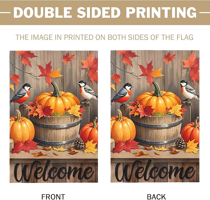 Fall Pumpkin Bird Garden Flag 12x18 Inch Welcome Autumn Watercolor Maple Leaf Harvest Theme Thanksgiving Decorative Yard Flags for Outside Double Sided Outdoor Home Farmhouse Decoration Porch Decor