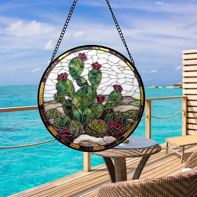 DASTOLL Stained Glass Window Hanging,Green Cactus Purple Flowers Suncatcher Diamond Glass Panel Sun Catchers Decor for Birthday for Women, Men, Wife, Aunt, and Mom 14.9x14.9 in