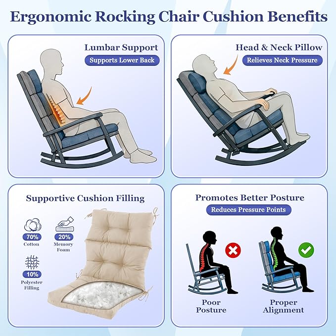 Rocking Chair Cushion, Waterproof and Fade-Resistant Adirondack Rocker Cushions, Indoor/Outdoor Rocking Chair Pads, High Back Memory Foam Patio Furniture Cushions with Ties, 44x23x4 Inch, Beige