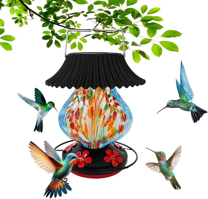 Solar Hummingbird Feeder-5 Feeding Ports with Perch, Hand Blown Glass Blue Spark Color Changing-Never Leak, Multicolor Night Lights – Perfect Hummingbird Feeder for Outdoors for Nature Enthusiasts