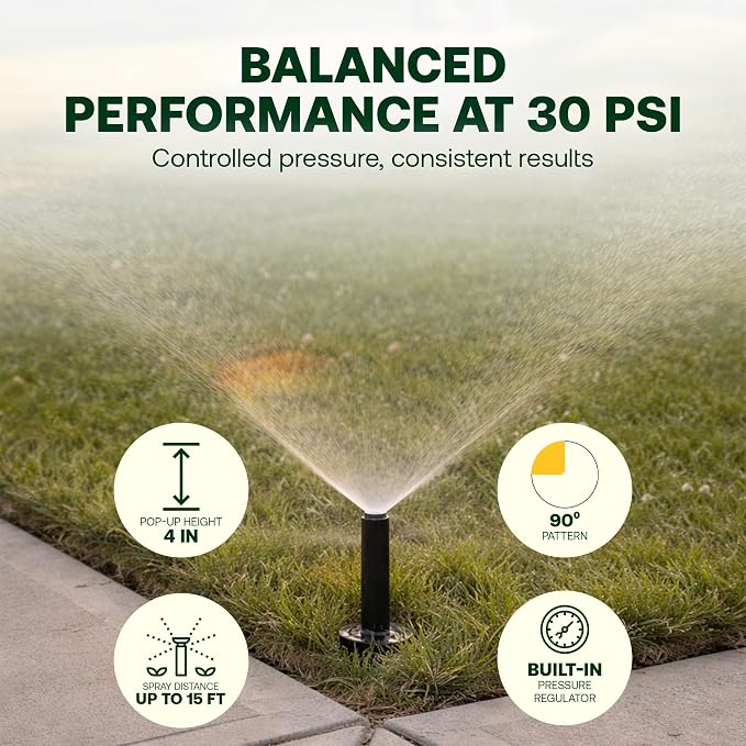 Rain Bird 1804QDPRS Pressure Regulated 1800 Series Dual Spray 4 in Pop Up Sprinkler Head, 4 Pack -Water Efficient Lawn Sprinkler with 90 Degree Quarter Pattern, 1/2 in NPT, Up to 15 Ft Spray Distance