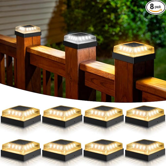 Solar Post Cap Lights, 8-Pack Fence Post Solar Lights for 4x4 Wood/Vinyl Posts, IP65 Waterproof, 10-12 Hours of Illumination with 3 Lighting Modes for Garden/Patio/Porch - Black