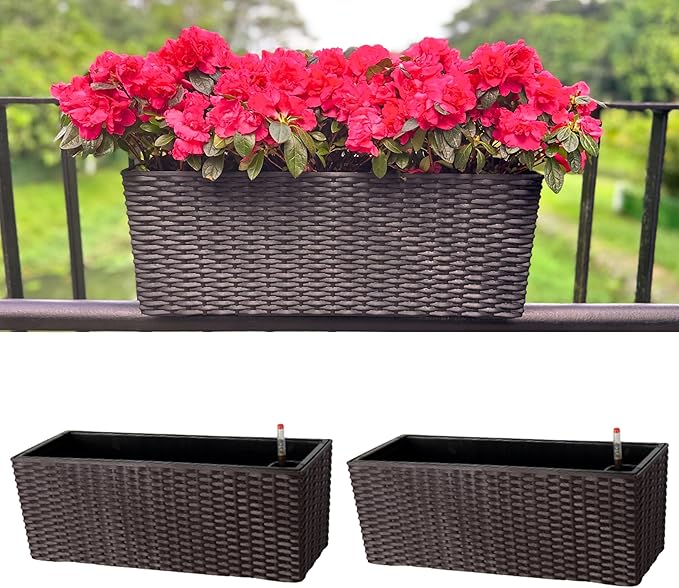 LaLaGreen Outdoor Rail Planter for Balcony (20 Inch, 2 Pack) Large Black Self Watering Railing Planters with Brackets, Rectangular Plastic Window Flower Box Fence Designer Choice with Rattan Pattern