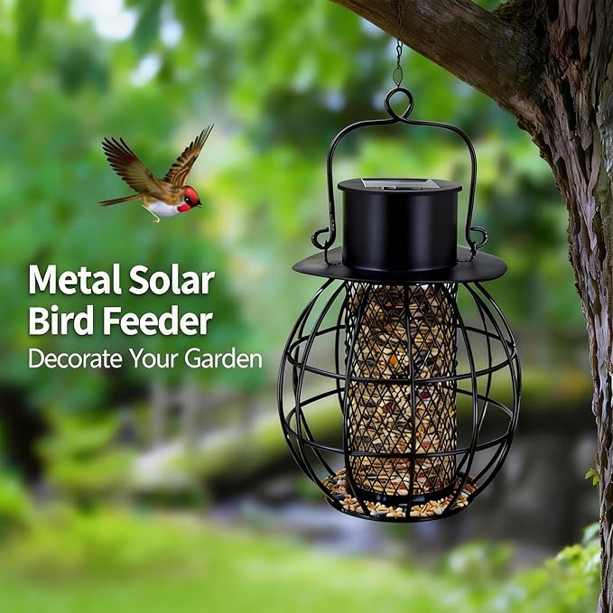Suet Ball Bird Feeder Outdoor Hanging- Heavy Duty Metal Bird Feeder with Solar Lights,Chew-Proof,Outdoor Solar Lantern Feeder for Small Birds, Unique Gifts for Mom, Grandma (Black)