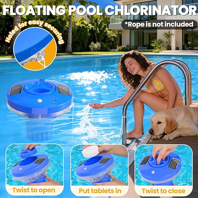 AquClor 2026 New Pool Chlorine Floater,Large Capacity Chlorine Floaters for 5 * 3'' Chlorine Tabs,Solar Chlorine Floater w/Light,Adjustable Floating Chlorine Dispenser for Pool,Hot Tub,Blue