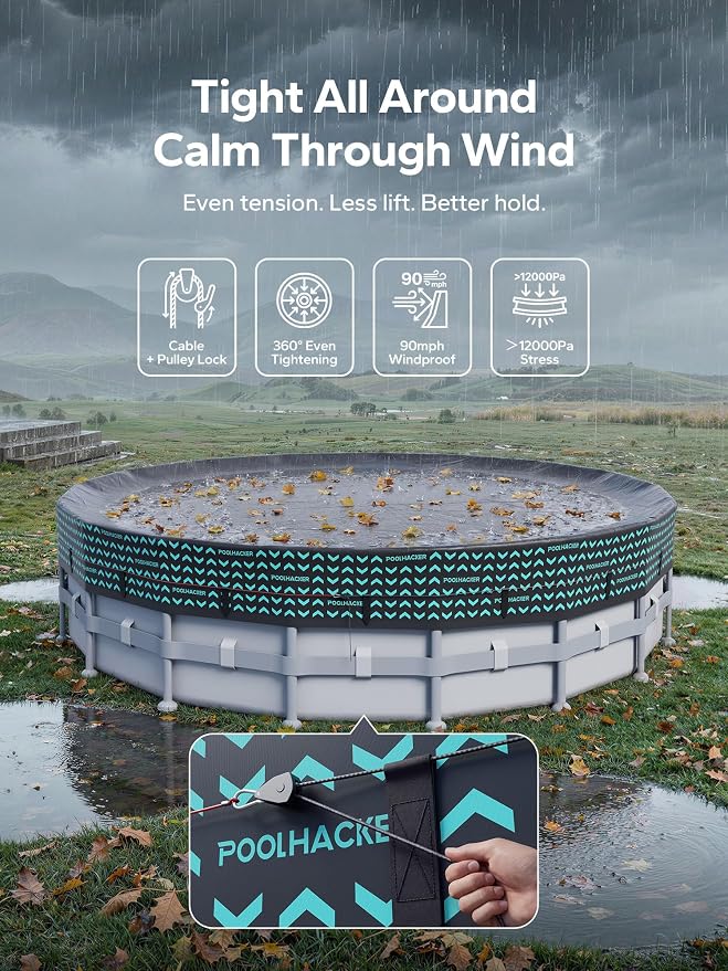 POOLHACKER 10 FT Round Pool Cover 420D Swimming Pool Cover for Above Ground Pools, Solar Pool Cover with Steel Cable & Pulley Tightening, Fit for Stock Tank & Inflatable Pool, UV Resistant