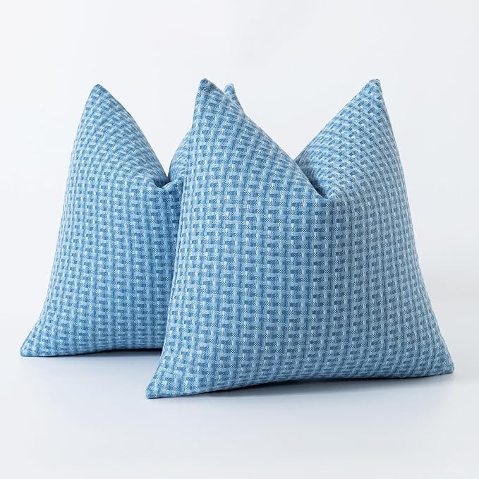 Kevin Textile Outdoor Waterproof Throw Pillow Covers Pack of 2 Weaving Texture Water Resistant Outside Decorative Cushion Covers for Garden Patio Tent Balcony Bench Couch Sofa 16x16 Inch, Light Blue