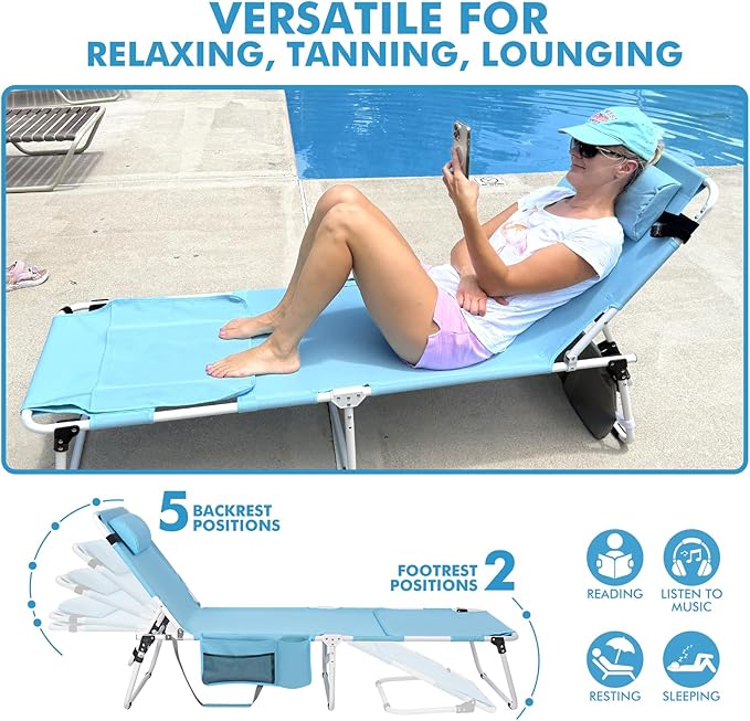 Tanning Chair with Sun Canopy Face Hole Softer Padded Adjustable Washable, Heavy Duty Layout Folding Lounge Chair for Adults Outside Beach Reading Sunbathing Poolside Lawn, UPF 50+ Sun Shade, 300 LBS