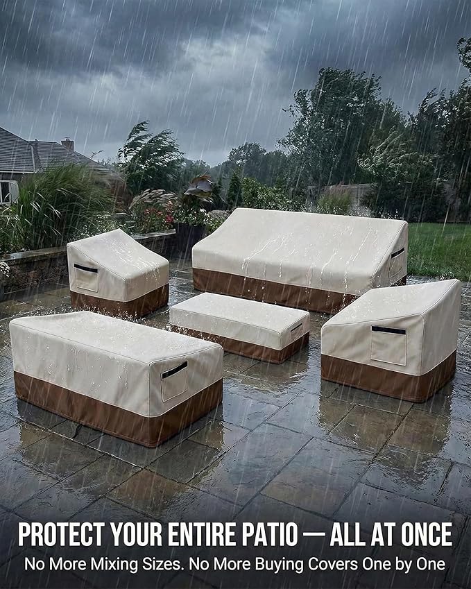 5 Piece Patio Furniture Cover Set, Waterproof Outdoor Furniture Covers for 3-Seater Sofa, Loveseat, Chairs & Coffee Table, Heavy Duty 600D Lawn Patio Set Covers, UV-Resistant All-Season, Beige&Brown