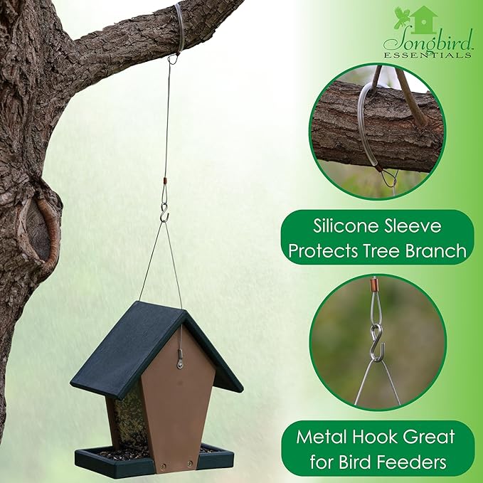 Songbird Essentials Hanging Cable Tree Limb Protector with S Hook - Steel Cable with Silicone Sleeve - Protects Tree Limbs from Heavy Bird Feeders and Decorations - 18 Inch Cable