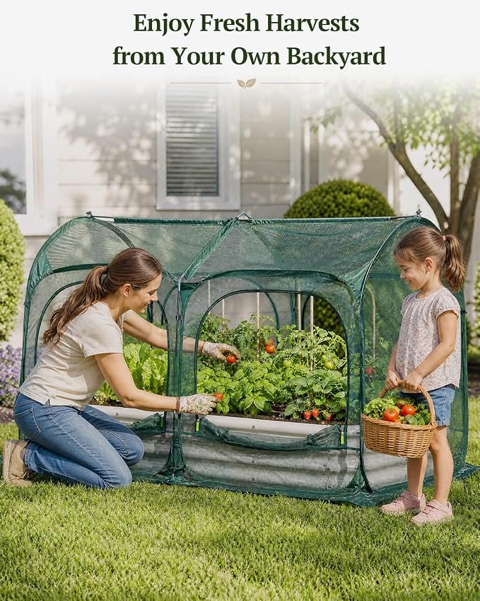 PORAYHUT All-in-One Raised Garden Bed and Crop Cage Net Kit, Metal Outdoor Planter Box with Protective Mesh Greenhouse Cover for Backyard Vegetables, Herbs, Flowers (5.25 * 2.6FT Raised Bed &NET)