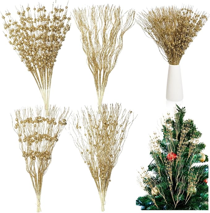 Yuxung 36 Pcs 17'' 15'' Christmas Artificial Glitter Berry Stems 4 Styles Xmas Decorative Tree Picks Branches Large Glittery Twigs for Christmas Tree Xmas Wreath Vase Filler(Gold)