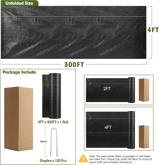 HongWay 4FT x 300FT Weed Barrier Landscape Fabric Heavy Duty, Weed Control Garden Cloth with 120 U-Shaped Securing Pegs, Woven Weed Blocker Fabric Ground Cover for Garden Beds, Commercial Driveway