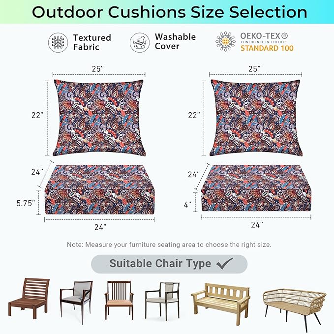 Outdoor Cushions for Patio Furniture,Outdoor Seat Cushion Set 24 x 24 x 5.75 Inch,Waterproof & Fade Resistant Outdoor Chair Cushions,Deep Patio Chair Cushion with Removable Cover,Artistic Floral