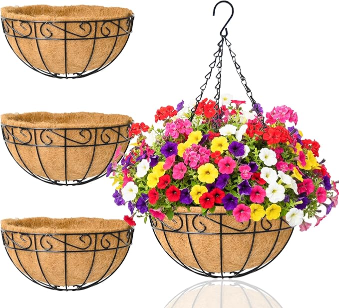 Hanging Planters for Outdoor Plants 4 Pack 14 inch Metal Hanging Flower Basket with Coco Coir Liner Wire Plant Holder Watering Flower Baskets Pot Hanger Garden Decoration for Indoor Outdoor(HBL)