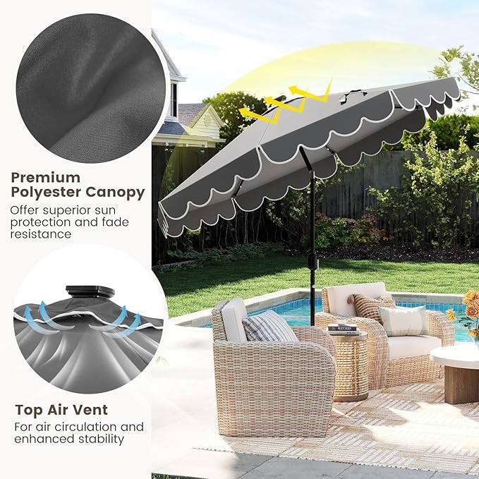 Tangkula 9 FT Solar Patio Umbrella, 2-Tiers Scalloped Outdoor Table Market Umbrella with 32 LED Lights, Vented Top, Tilt Adjustment, Crank, 8 Ribs for Backyard Poolside Deck Beach Lawn (Gray)
