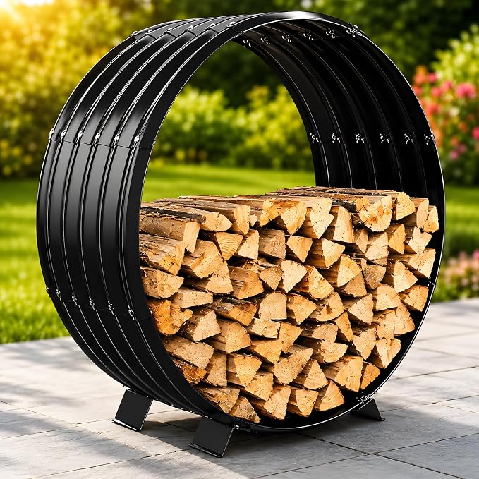 24" Firewood Rack with Roof Cover, Indoor & Outdoor Log Holder Keeps Firewood Dry, Clean & Organized for Fireplace, Patio & Backyard, Heavy-Duty Steel Wood Storage Rack, 400LBS Capacity