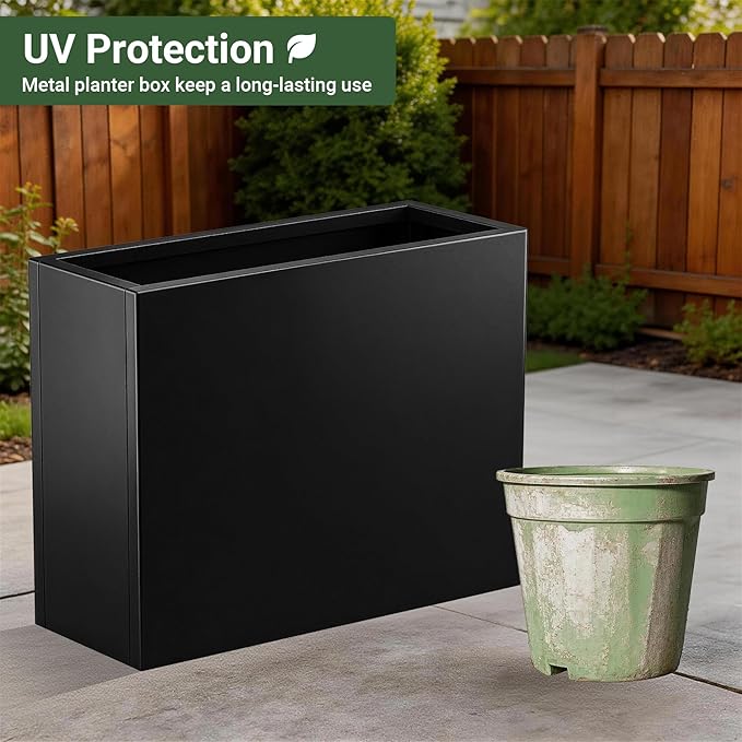 Metal Planter Box 30” x 12” x 24”, Heavy Duty Tall Rectangle Planter Box with with Drainage Holes & Rust-Proof Coating, Modern Outdoor/Indoor Black Planter Box for Porch, Garden, Patio, Yard