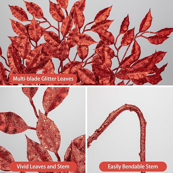 25.6" Christmas Red Glitter Leaves Stems, 5Pcs Artificial Leaf Spray Leaf Picks Tall for Christmas Tree DIY Xmas Wreath Garland Arrangment Vase Bouquets Table Centerpieces Decoration Home Decor