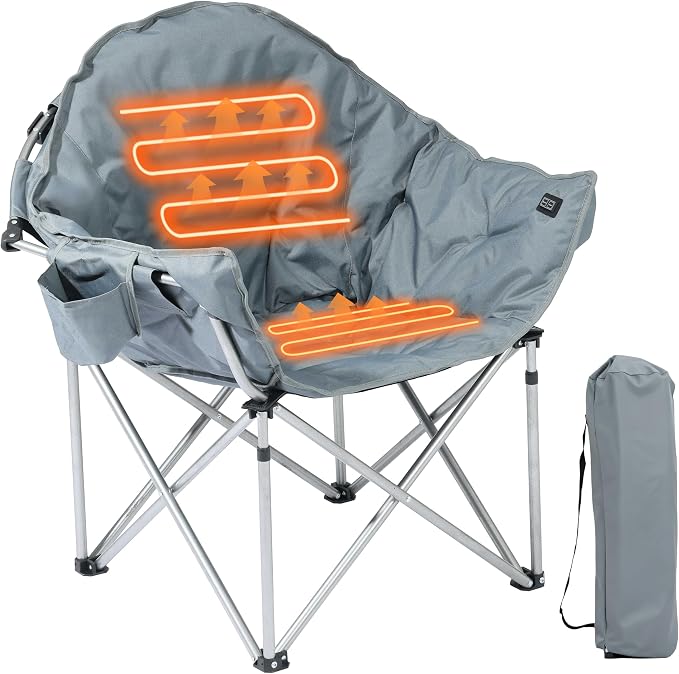 SunSettler Heated Camping Chair, Oversized Heated Outdoor Chair for Adults with 3 Heat Levels, Portable Folding Padded Chair for Camp, Lawn, Sports (Battery NOT Included) (Grey)
