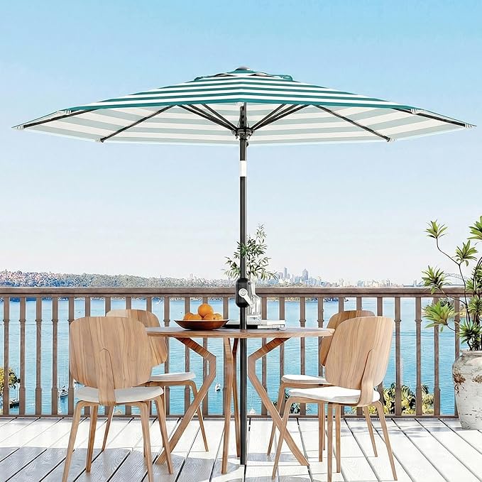 Garvee 9FT Outdoor Patio Umbrella 8 Sturdy Ribs Outdoor Table Umbrella with Crank Lift & Push Button Tilt UV Protection Waterproof Market Umbrellas for Pool Deck Yard, Turquoise & White Stripes
