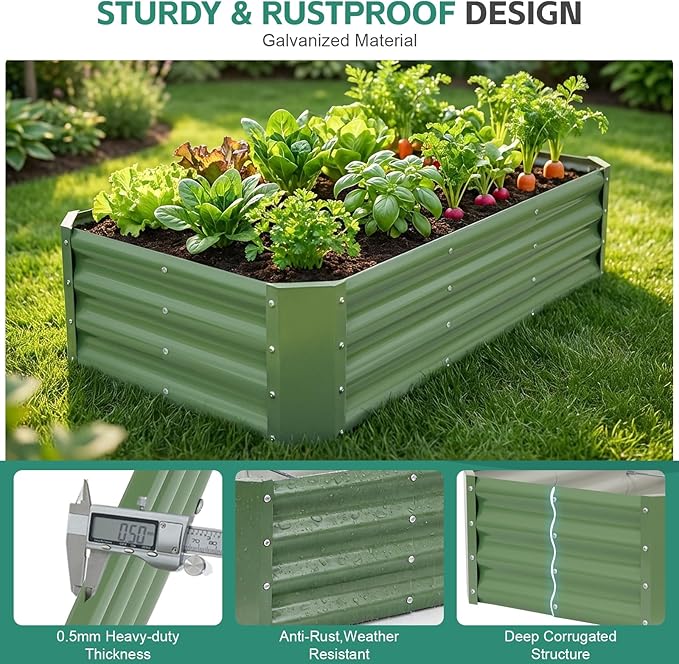 Galvanized Raised Garden Bed - 4x2x1ft (2Packs) Metal Garden Planter Box Outdoor | Steel Raised Bed Kit with Bracing Rods, Gloves for Gardening Vegetables Fruits and Flowers (Olive Green)