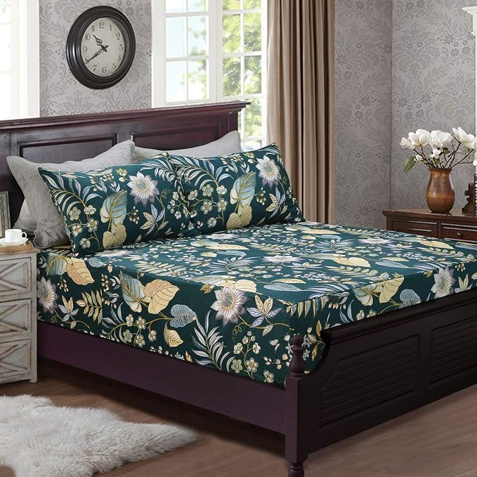 FADFAY Sheets Set King Teal Elegant Floral Bedding Tropical Plam Leave Sunflower Bedding 800 Thread Count Luxury Summer Sheets 100% Egyptian Cotton Deep Pocket Bed Sheets Set, 4 Pieces-King Size